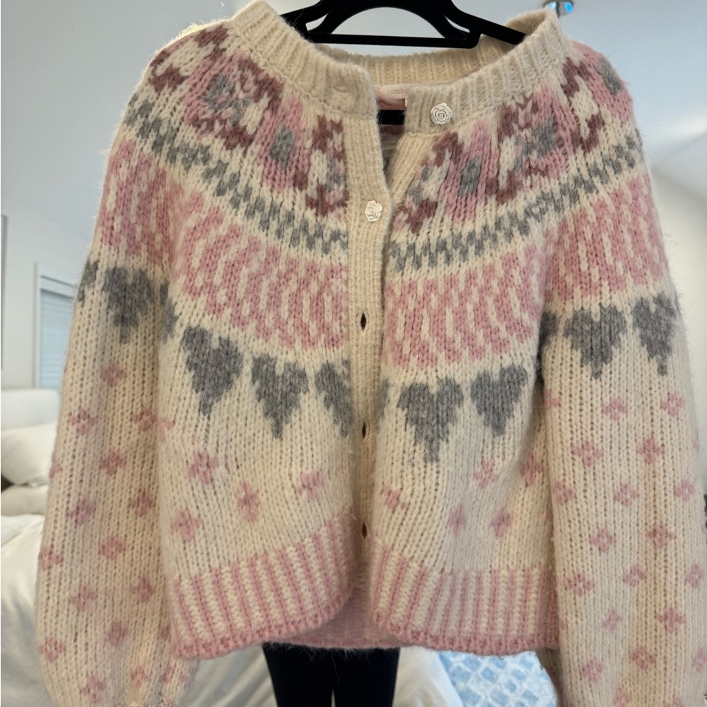 Love Shack Fancy Cozy Pink and Gray cardigan